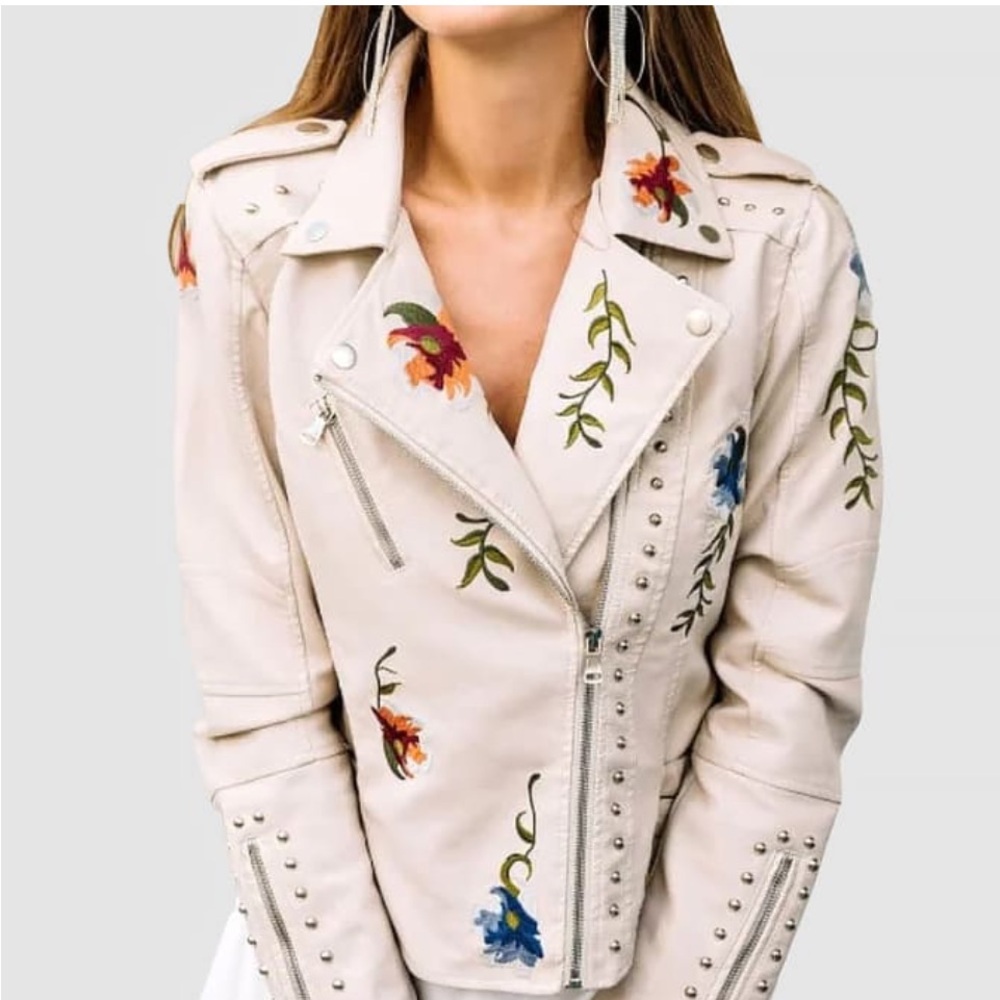 Red and Cream Leather Moto Jacket with Floral Embroidery